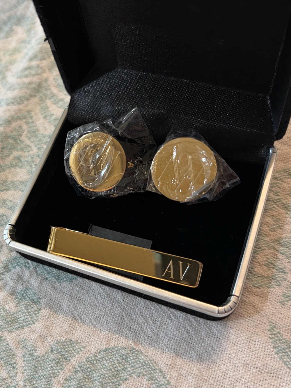 Gold Tie Clip and Cufflink Set - Initials AV